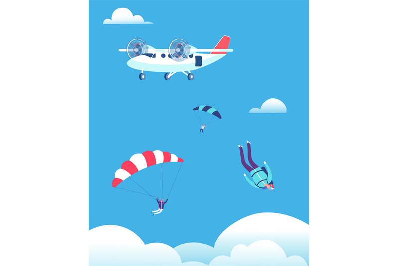 skydiving-concept-parachutists-jumping-out-of-plane-in-blue-sky-peop