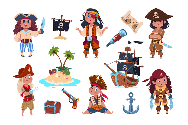 pirate-characters-cartoon-kids-pirates-sailors-and-captain-vector-is