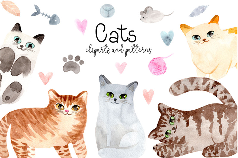 watercolor-cute-cats-patterns-and-cliparts