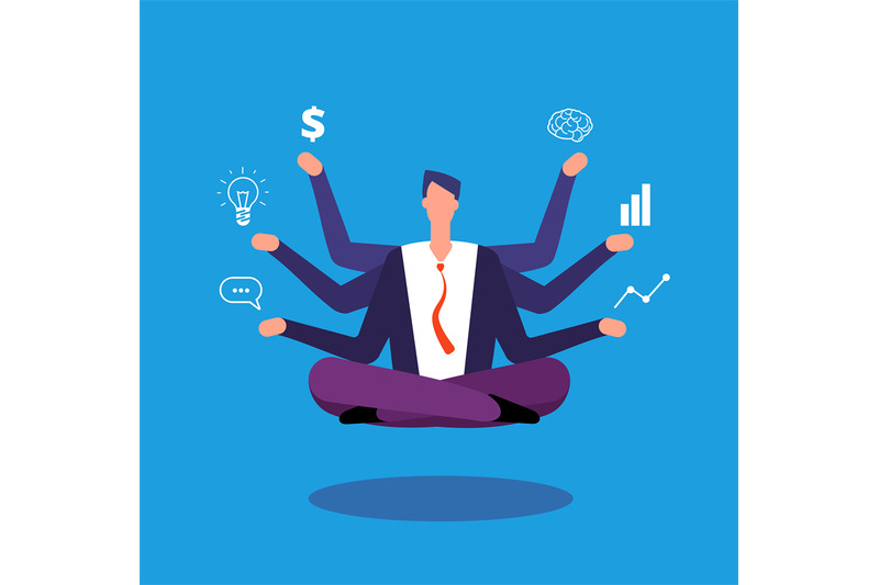 multitasking-businessman-manager-sitting-in-yoga-lotus-pose-and-juggl