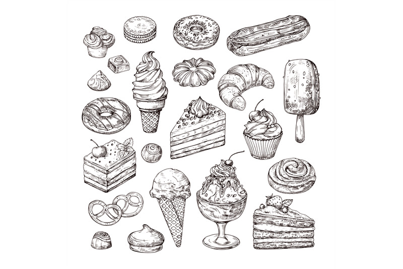 sketch-dessert-cake-pastry-and-ice-cream-apple-strudel-and-muffin-i