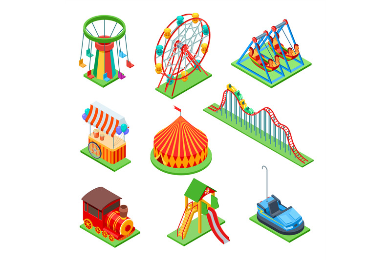 amusement-park-isometric-elements-ferris-wheel-and-circus-tent-popco