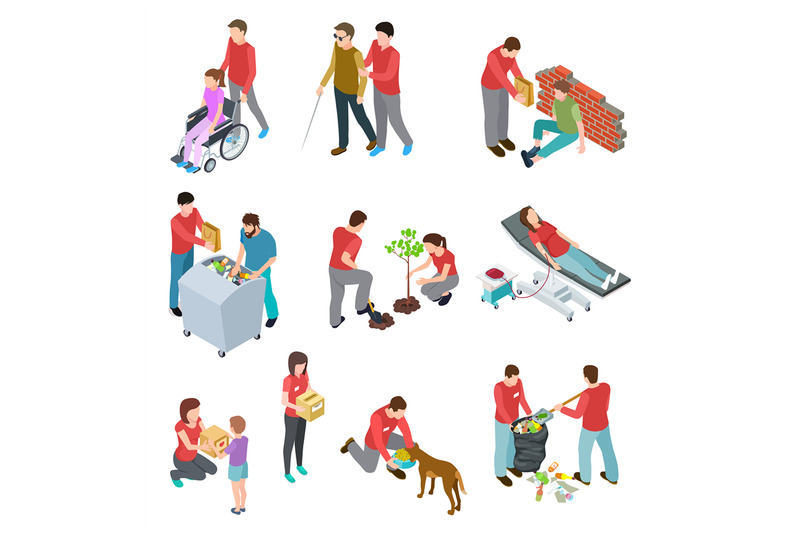 volunteers-isometric-set-people-caring-homeless-and-diseased-elderly