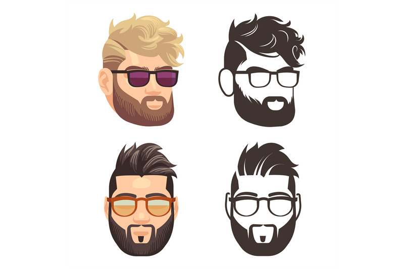 cartoon-and-silhouette-bearded-hipster-man-set