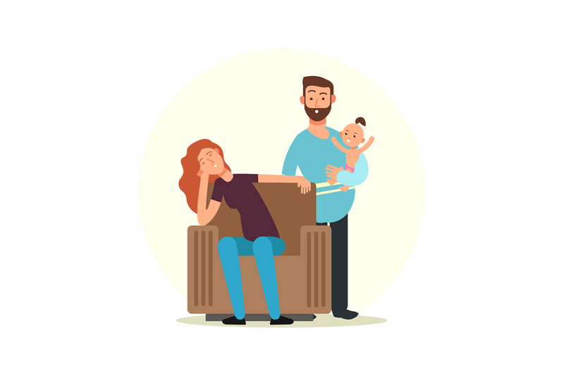 cartoon-character-family-tired-mom-and-dad-with-daughter-on-hands-vec