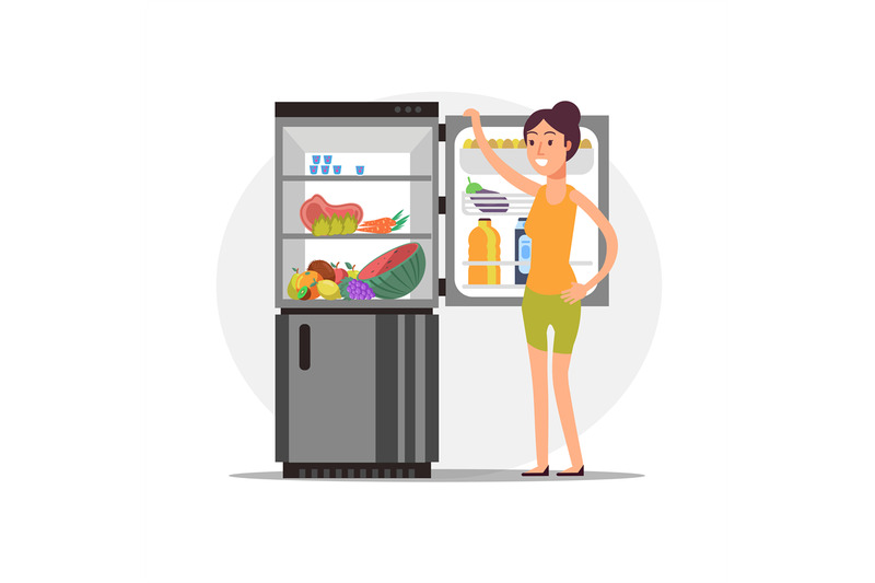 fitness-cartoon-girl-at-fridge-with-healthy-food