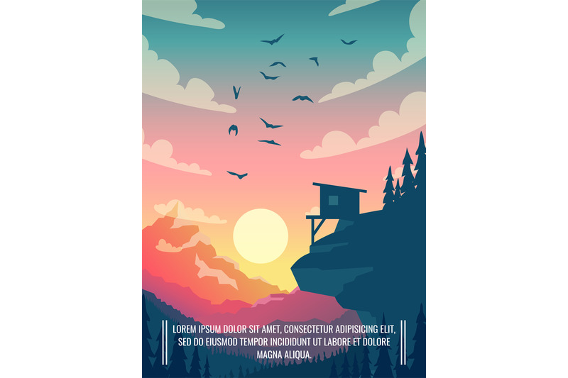 flat-vector-mountain-landscape-with-sun-and-clouds-in-sky-with-birds