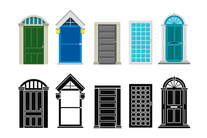 front-house-doors-flat-and-silhouette-vector-set