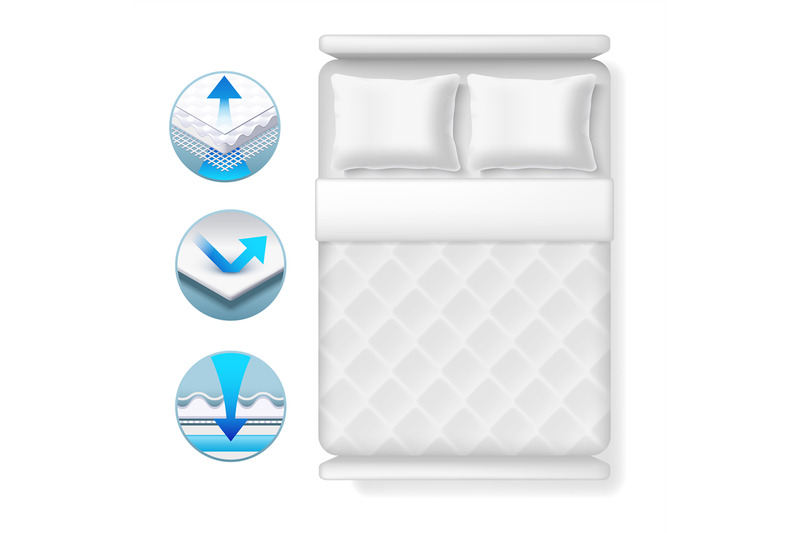 info-icons-about-bed-mattress-realistic-white-bed-with-pillows-and-bl