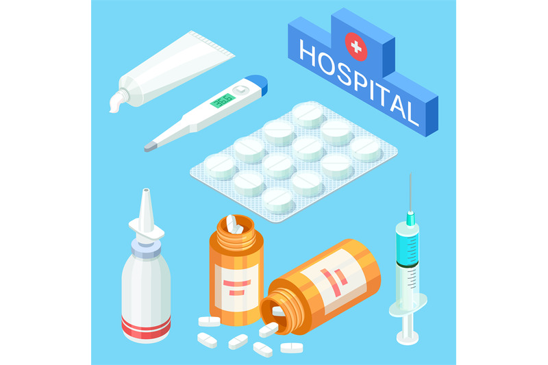 medical-tools-and-drugs-vitamins-vector-isometric-medicine