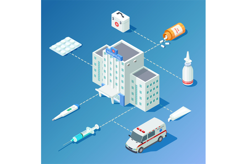 medicine-isometric-vector-with-hospital-building-ambulance-car