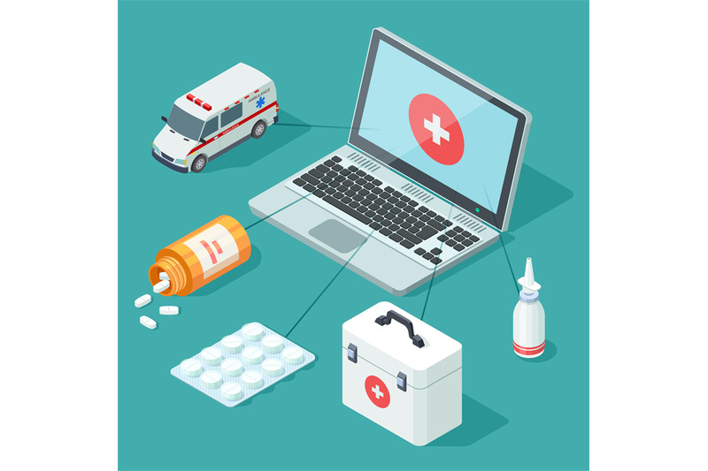 online-medicine-isometric-medical-first-aid-vector-illustration