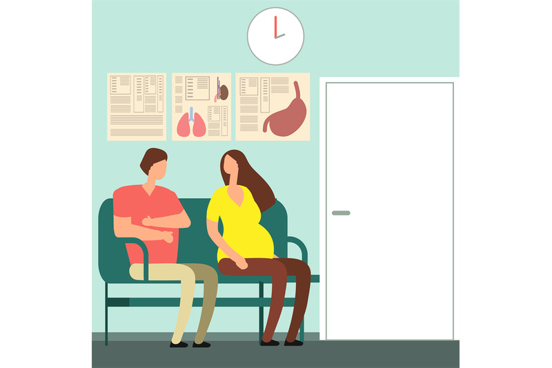 pregnant-woman-and-man-waiting-for-doctor-vector-illustration