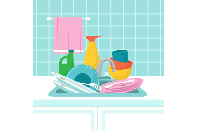 kitchen-sink-with-dirty-plates-pile-of-dirty-dishes-glasses-and-wash