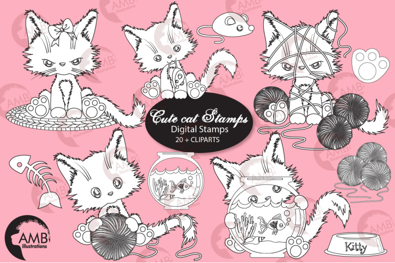 cutey-cat-digital-stamps-bows-butterflies-goldfish-stamps-amb-2655