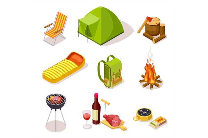 isometric-camping-summer-picnic-with-fireplace-tourism-equipment-and