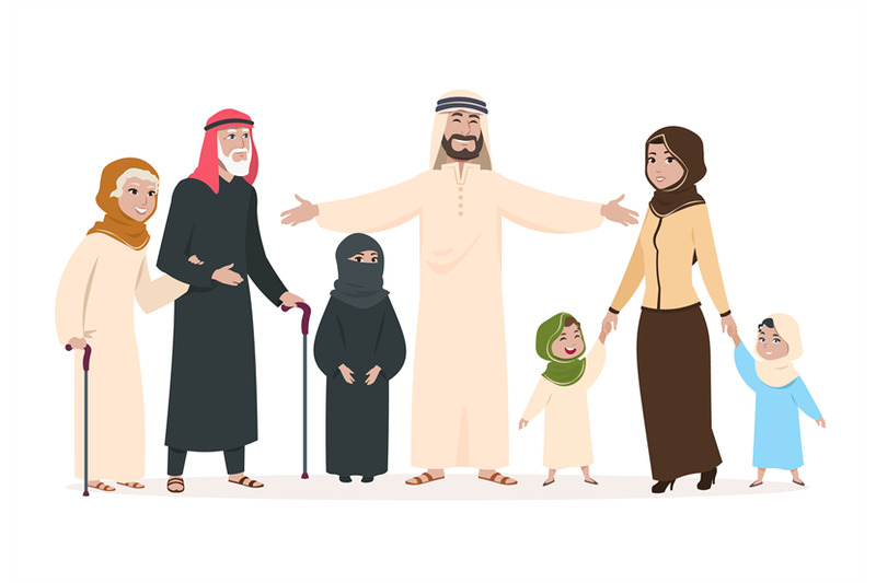 arab-family-muslim-mother-and-father-happy-kids-and-elderly-persons