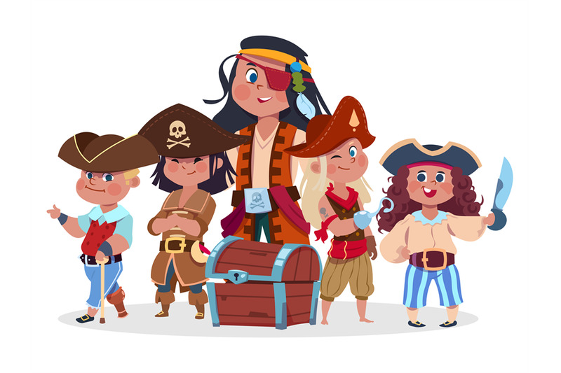 pirates-kids-team-and-treasure-chest-vector-isolated-on-white-backgrou