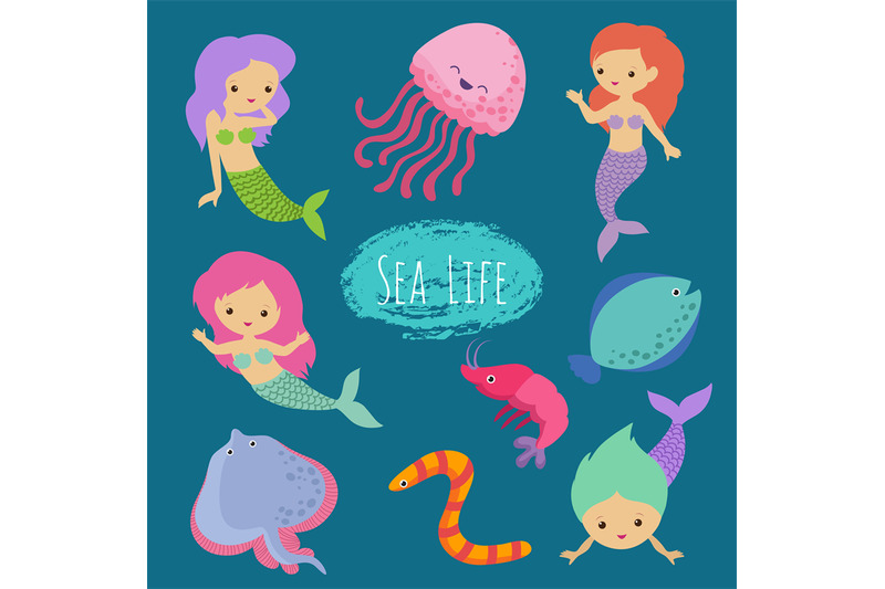sea-life-cartoon-character-animals-and-mermaids-vector-design