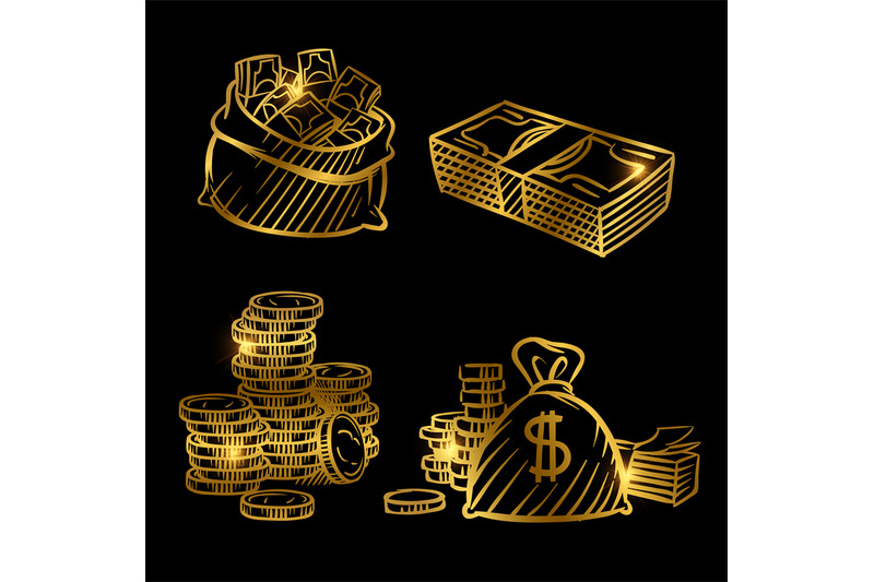 sketch-of-money-golden-vector-coins-and-money-isolated-on-black-backg