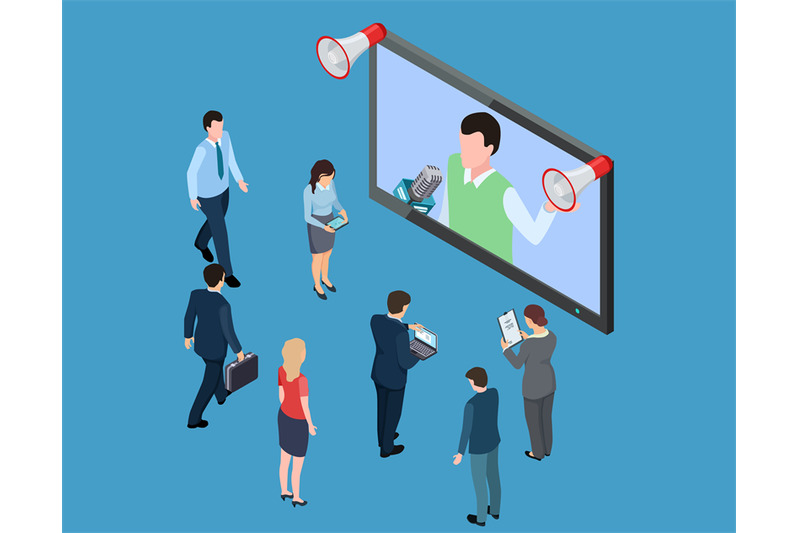 business-people-with-megaphones-and-tv-show-isometric-vector-illustrat