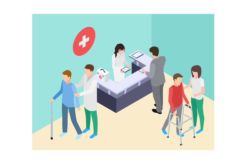 isometric-hospital-registry-doctors-staff-and-patients-vector-illust