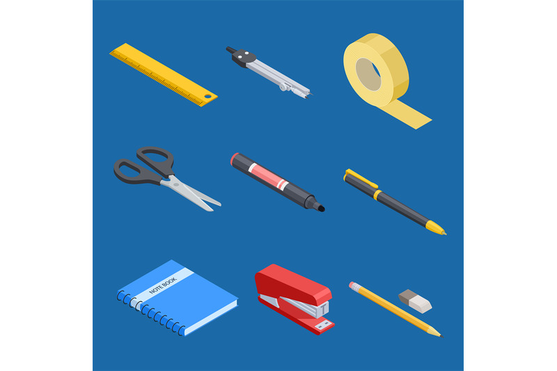 isometric-stationery-and-office-tools-vector-elements