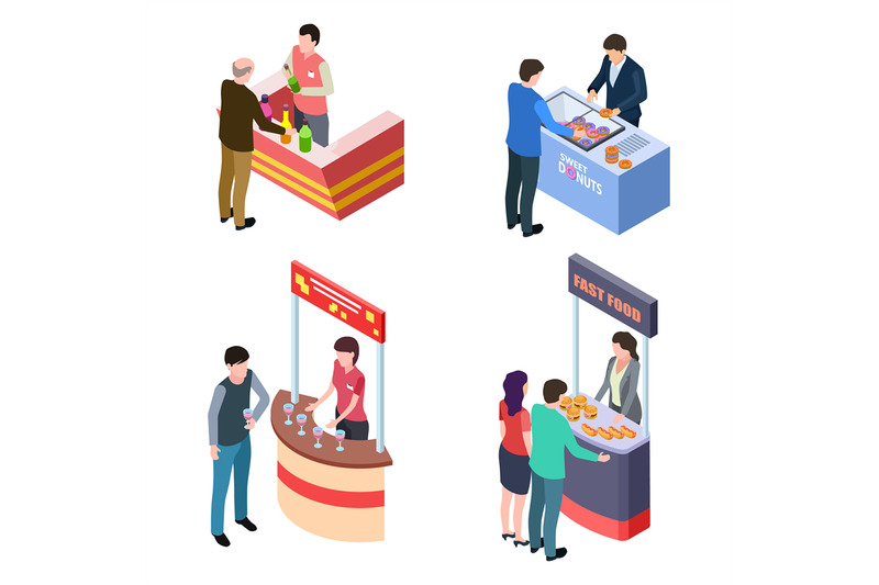 isometric-tasting-food-and-drinks-at-promotional-stands-vector-illustr
