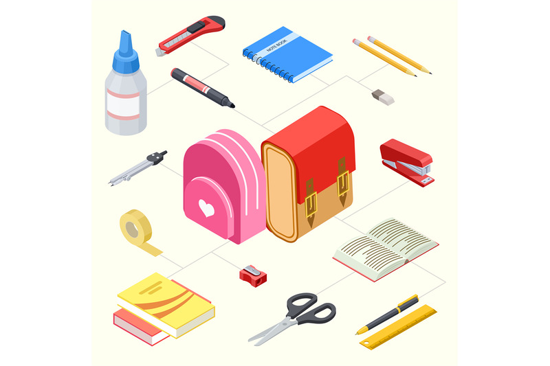 vector-illustration-of-isometric-stationeries-and-school-backpacks
