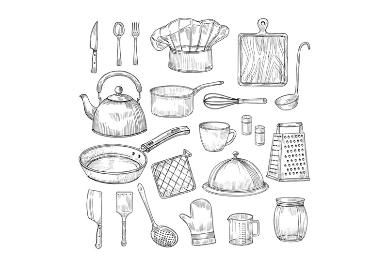 hand-drawn-cooking-tools-kitchen-equipment-kitchenware-utensils-vinta