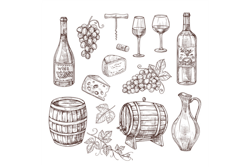 sketch-wine-set-grape-wine-bottles-and-wineglass-barrel-hand-drawn