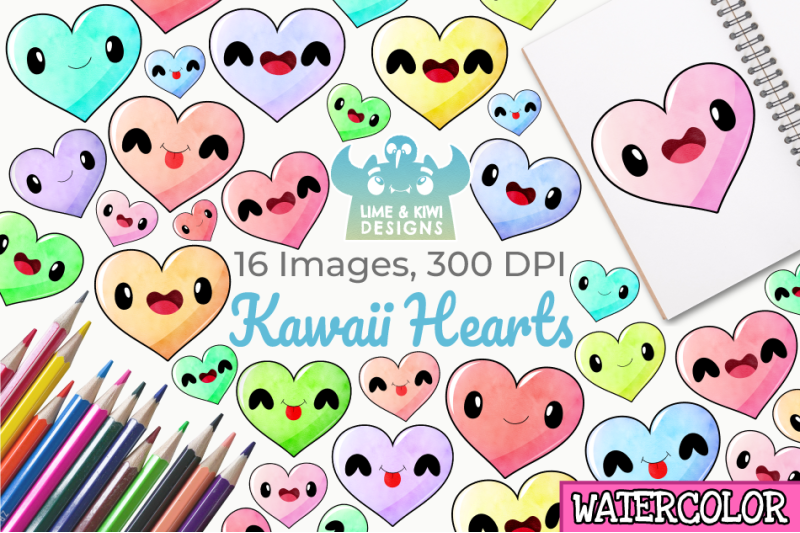kawaii-hearts-watercolor-clipart-instant-download