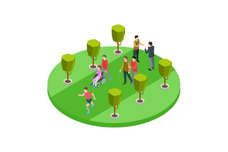 volunteers-and-disabled-people-walk-isometric-vector