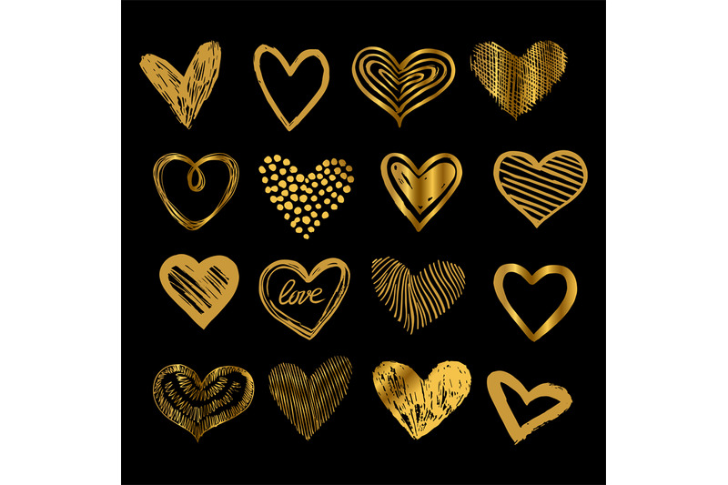 doodle-golden-hearts-hand-drawn-love-heart-icons-vector-set
