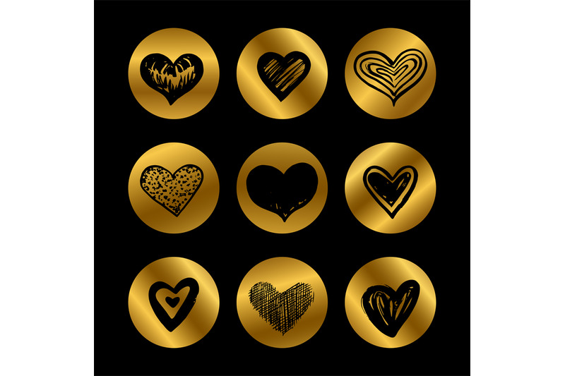 gold-icons-with-hand-drawn-black-hearts-vector-set