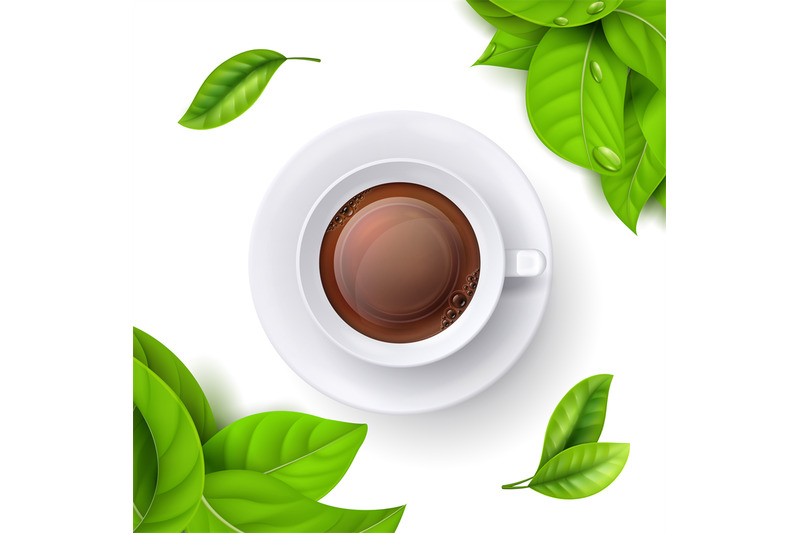 tea-time-background-template-with-realistic-vector-green-leaves-and-to
