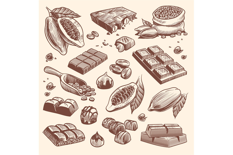 sketch-cocoa-and-chocolate-cacao-and-coffee-seeds-and-chocolate-bars