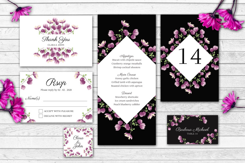 purple-floral-wedding-invitation-set