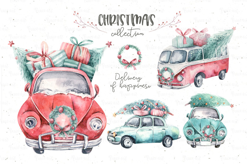 watercolor-christmas-cars-collection