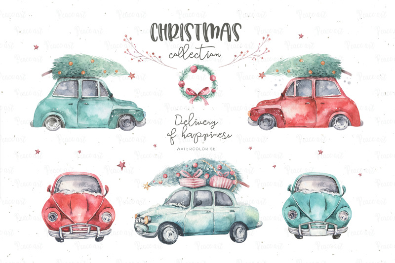 watercolor-christmas-cars-collection