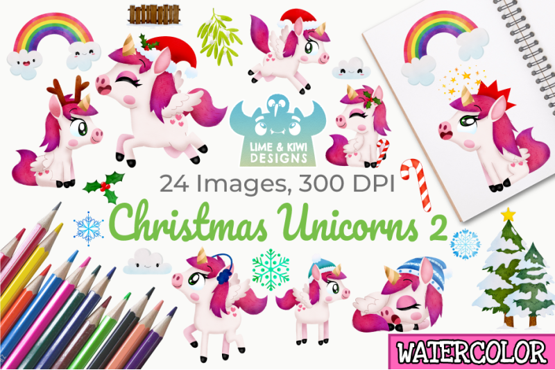 christmas-unicorns-2-watercolor-clipart-instant-download