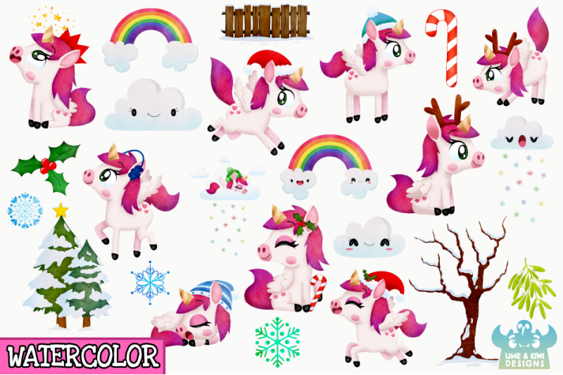 christmas-unicorns-2-watercolor-clipart-instant-download