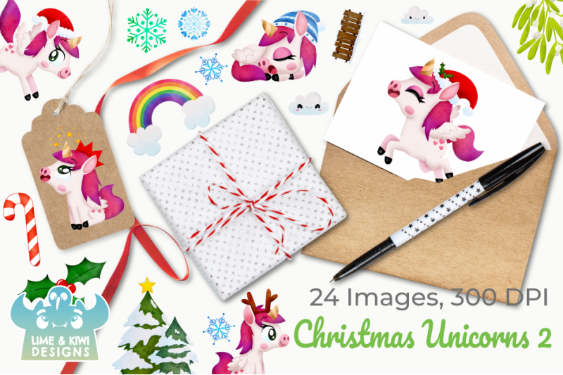 christmas-unicorns-2-watercolor-clipart-instant-download