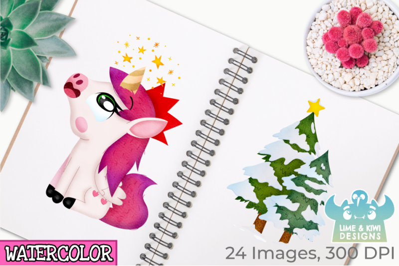 christmas-unicorns-2-watercolor-clipart-instant-download