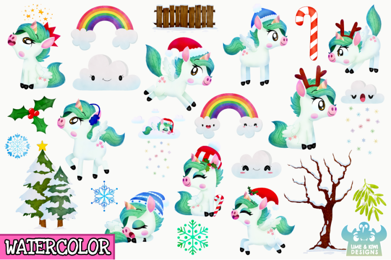 christmas-unicorns-3-watercolor-clipart-instant-download