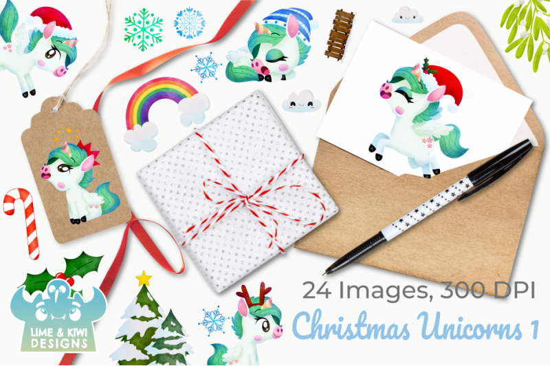 christmas-unicorns-3-watercolor-clipart-instant-download