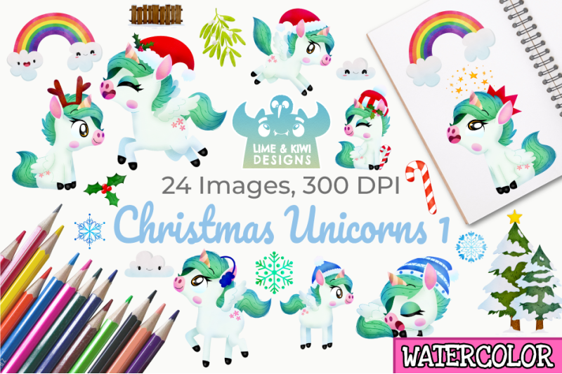 christmas-unicorns-3-watercolor-clipart-instant-download