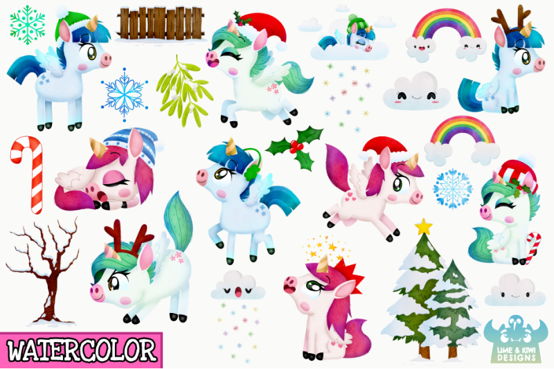 christmas-unicorns-4-watercolor-clipart-instant-download