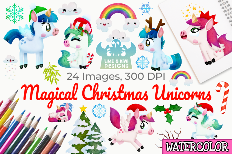 christmas-unicorns-4-watercolor-clipart-instant-download