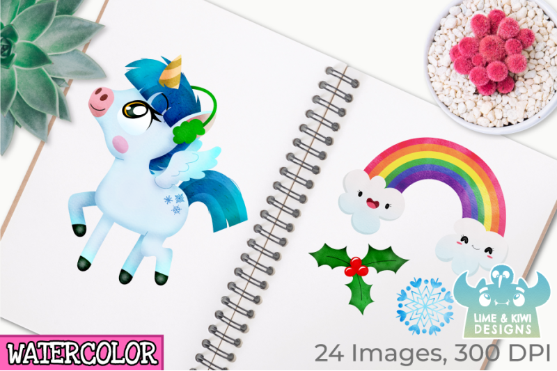 christmas-unicorns-4-watercolor-clipart-instant-download